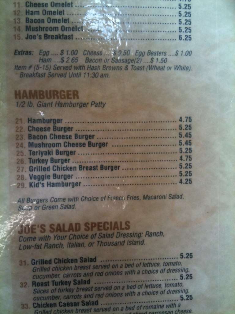 Joe's Cafe Menu, Menu de Joe's Cafe, Carmichael, Sacramento