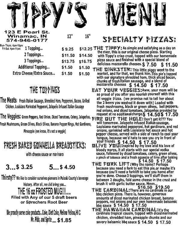 Menu at Tippy's pizzeria, Winamac, 123 N Market St