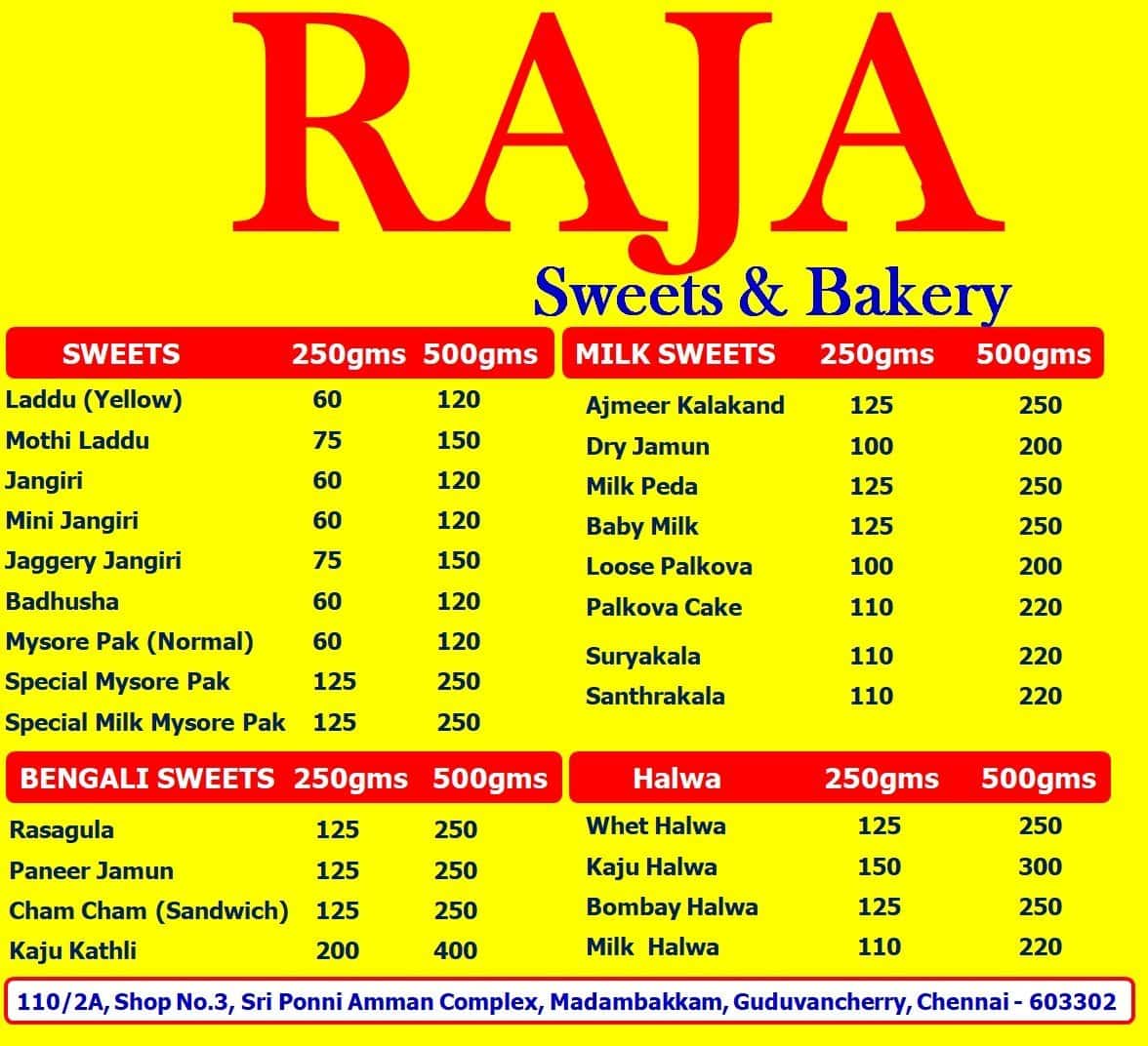 Menu of Raja Sweets & Bakery, GST Road, Chennai