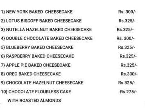 Menu of Cheesecake Inc, Hill Road, Bandra West, Mumbai