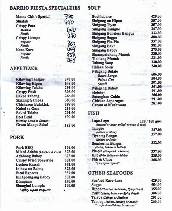 Barrio Fiesta Menu, Menu for Barrio Fiesta, Poblacion, Makati City