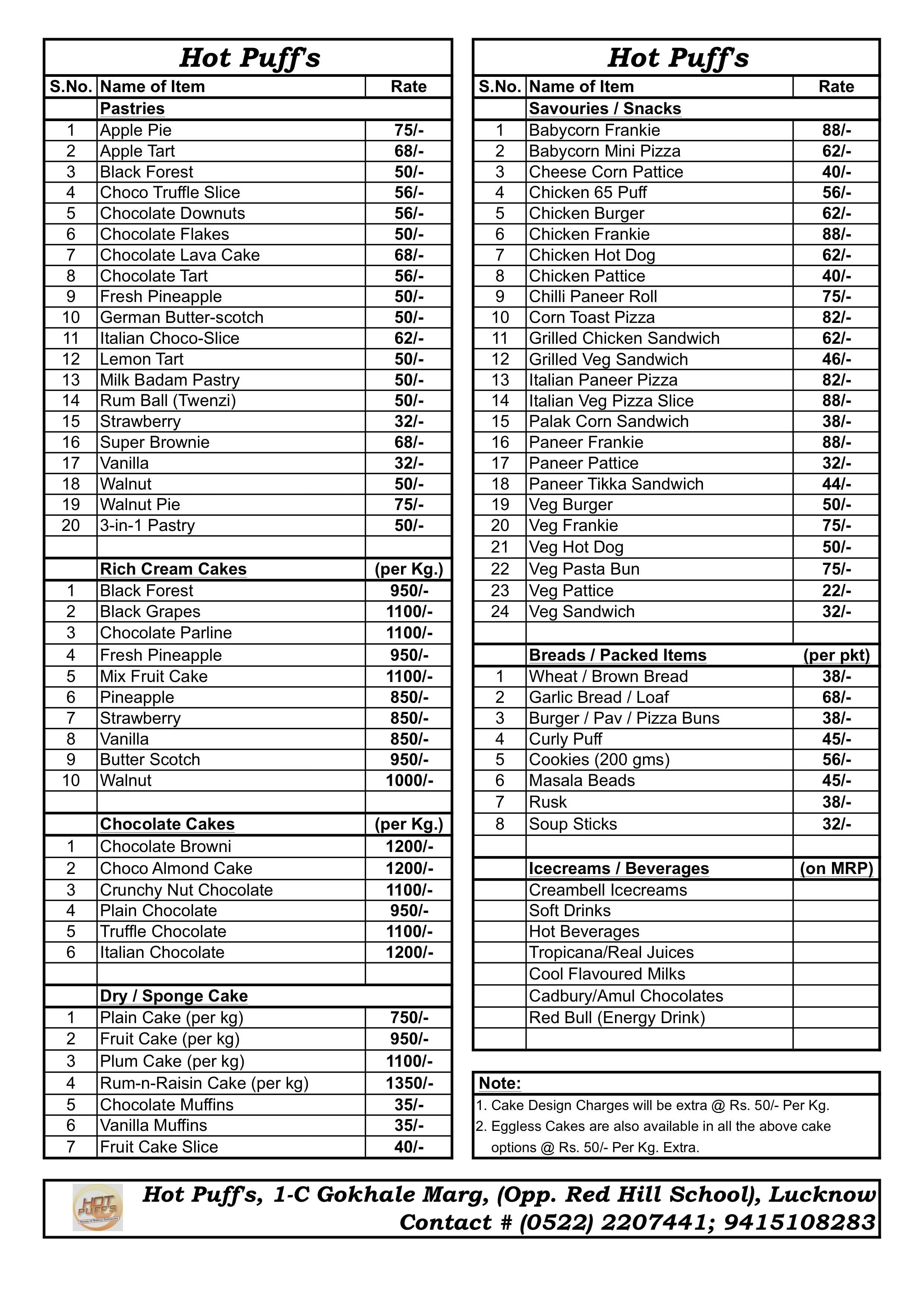 Hot Puff's Best Bakery Shop In Lucknow Best Cake Shop In Lucknow menu