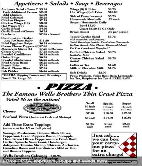 Wells Brothers Italian Menu, Menu podniku Wells Brothers Italian, Racine, Milwaukee Urbanspoon