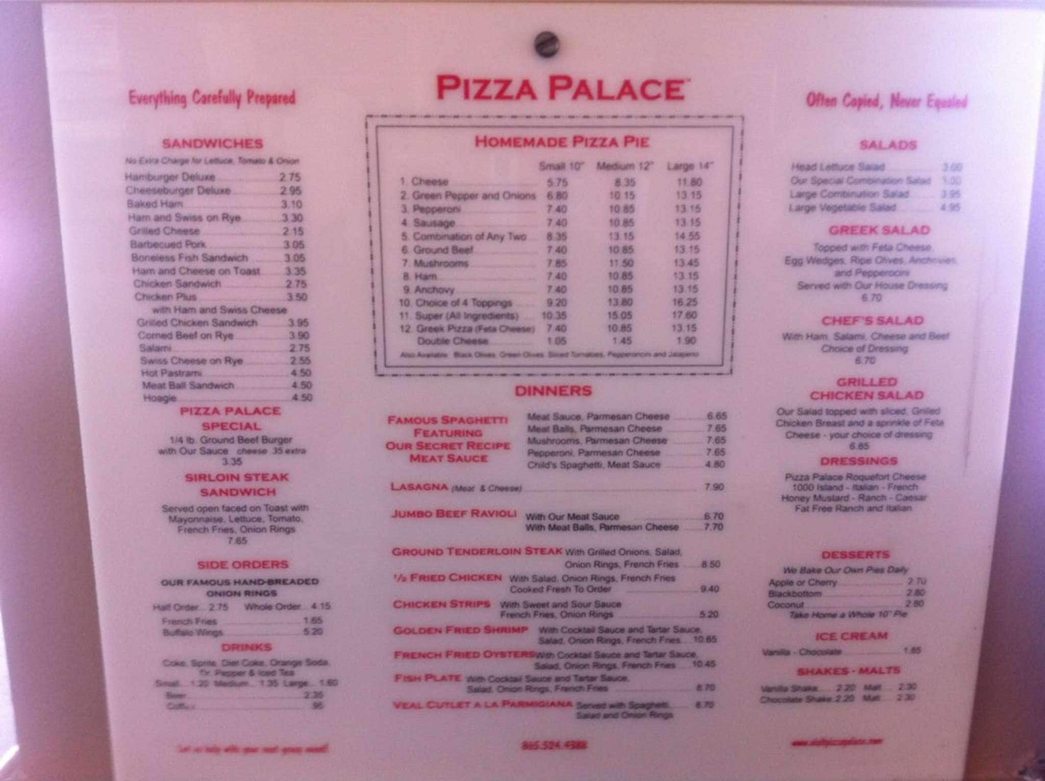 Menu at Pizza Palace pizzeria, Knoxville, E Magnolia Ave