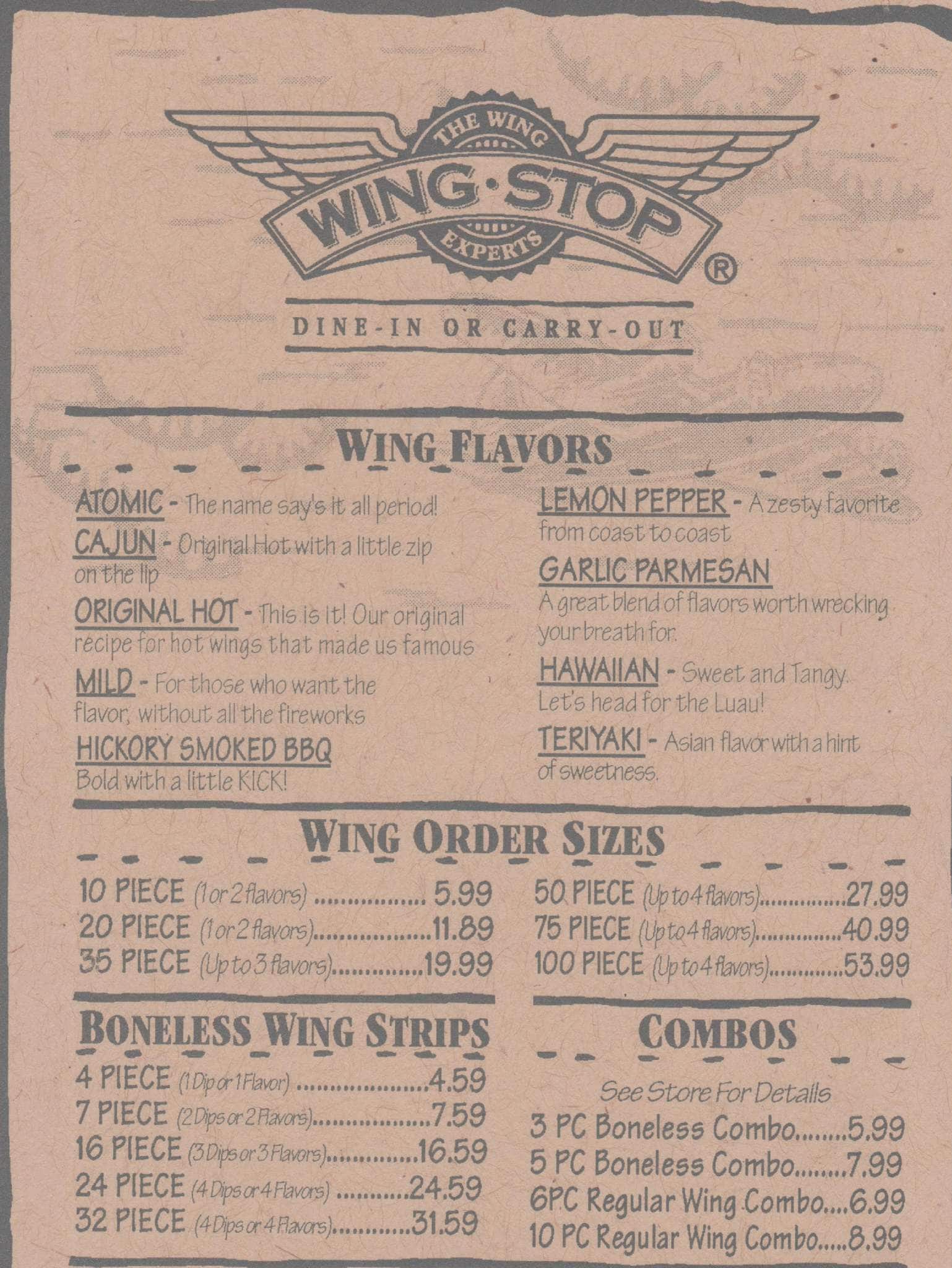 Menu at Wingstop restaurant, Longview, 1723 W Loop 281