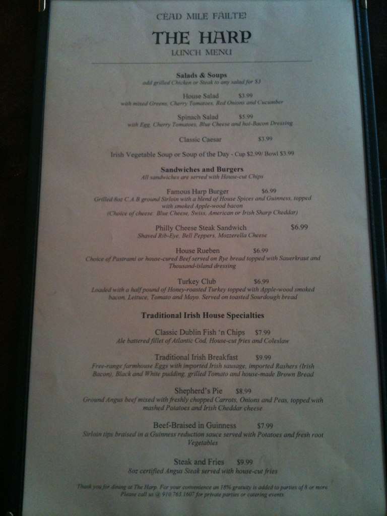 Menu at Harp pub & bar, Wilmington