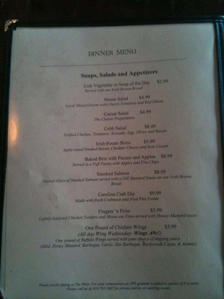 Menu at Harp pub & bar, Wilmington