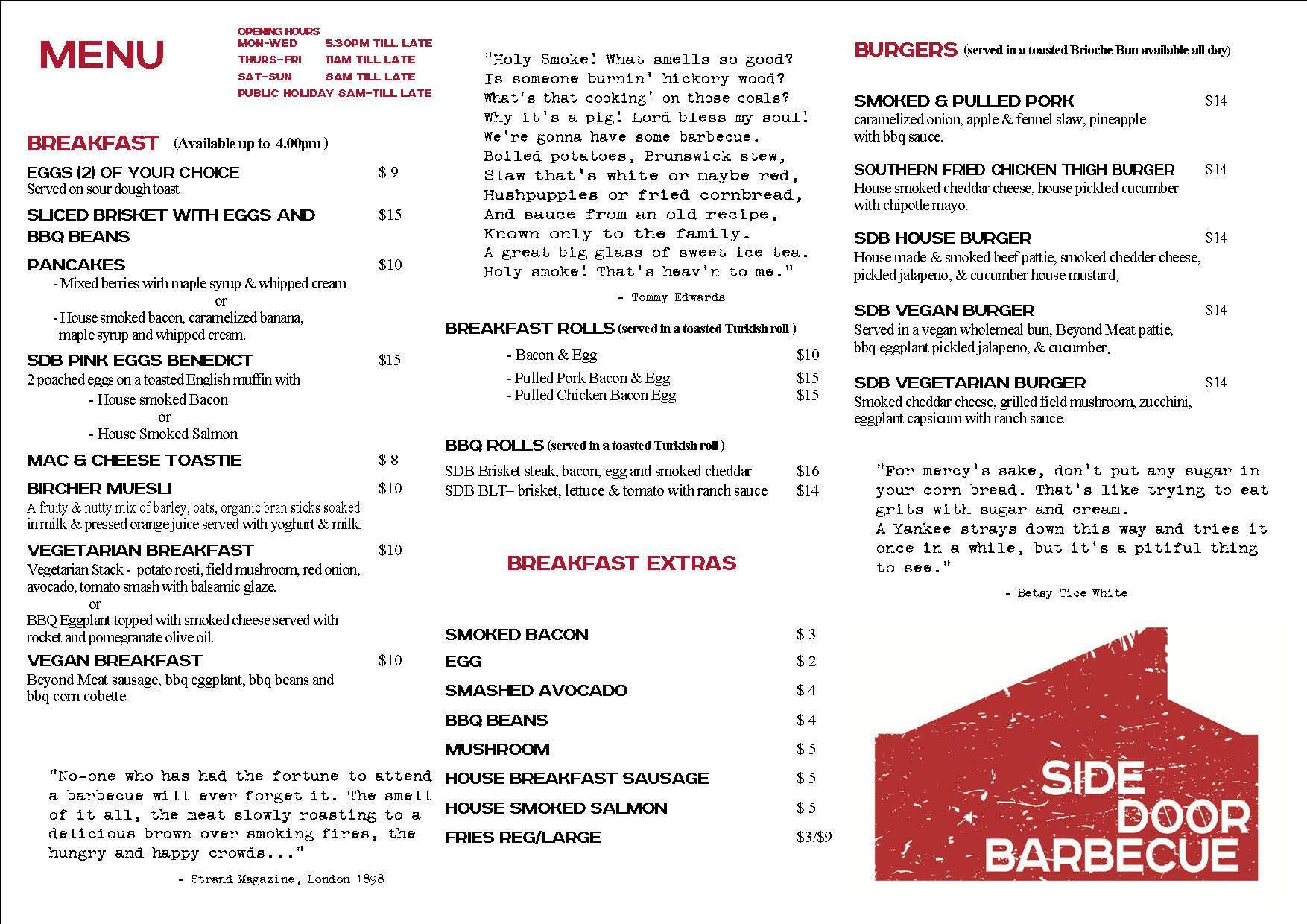 Side Door Bbq Menu Menu For Side Door Bbq Highgate Perth