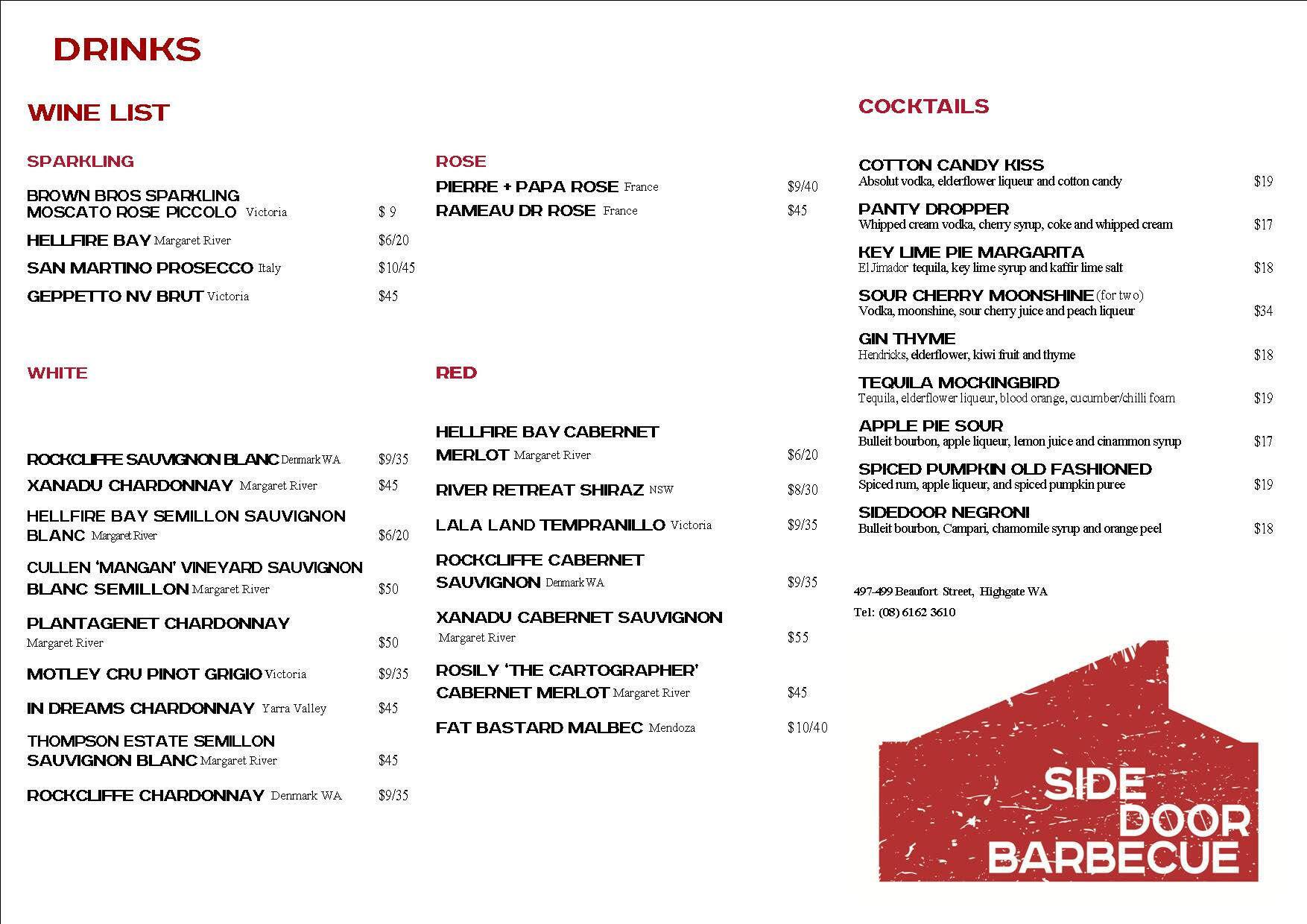 Side Door Bbq Menu Menu For Side Door Bbq Highgate Perth
