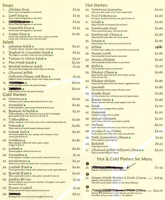 Mazar Restaurant menu