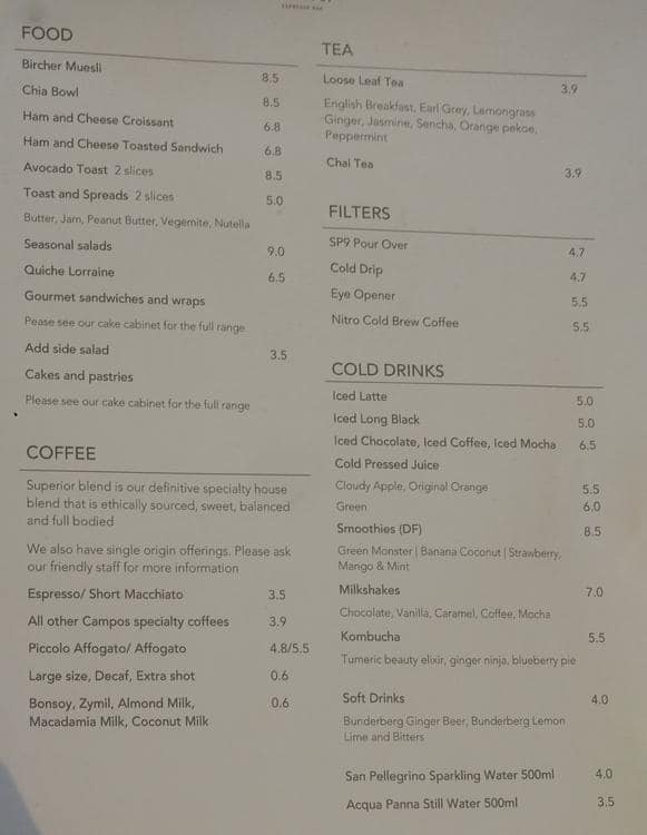 Menu at Campos Coffee cafe, Newstead, Gasworks Plaza