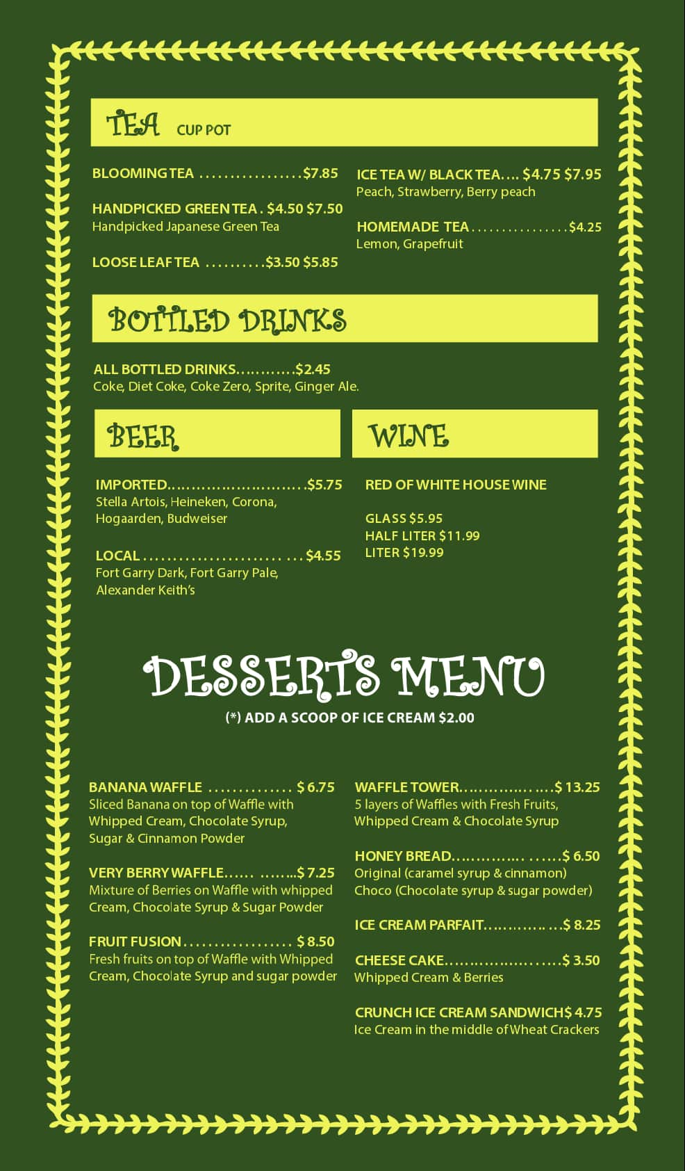 Tree Top Cafe Menu