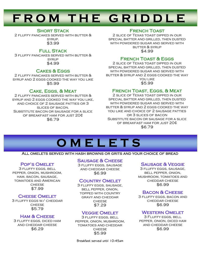 Menu at Pop's Place cafe, Denison, Texoma Pkwy