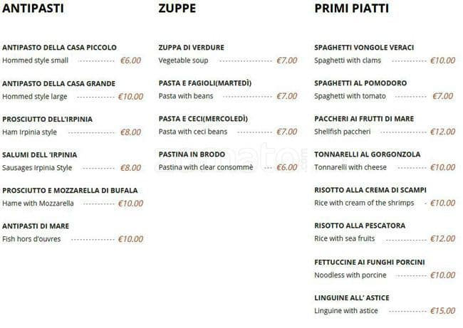 Menu di La Piccola Irpinia 