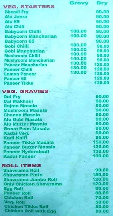 Altaf Chillies Restaurant menu