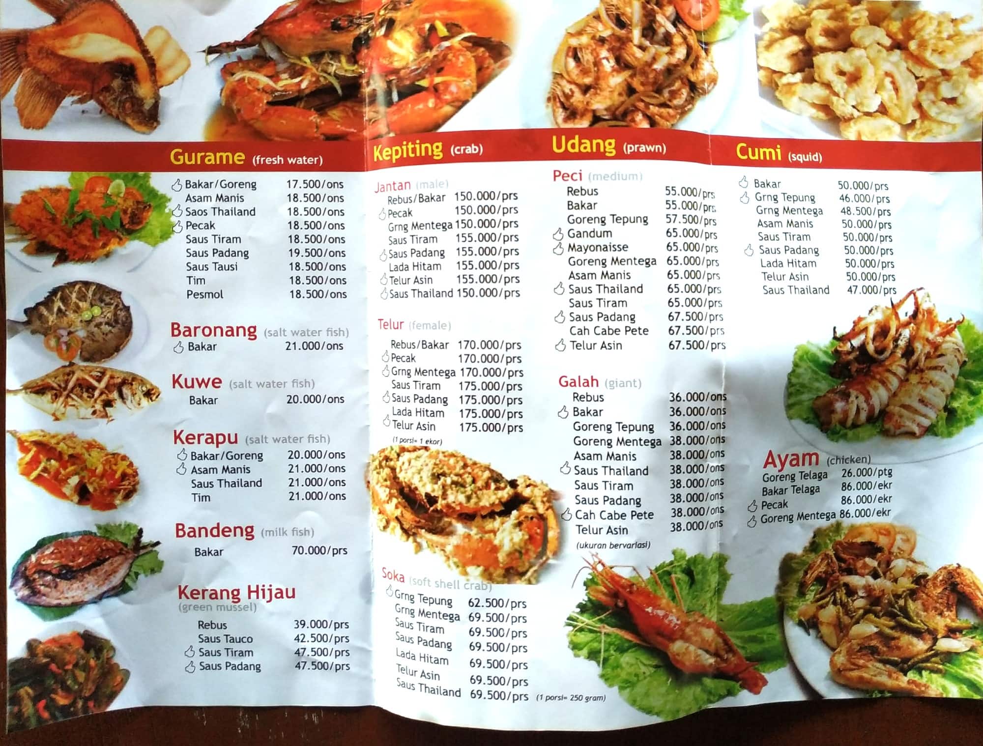 Menu at Telaga Seafood Restaurant, Jakarta, Jalan Akses Buperta No.3