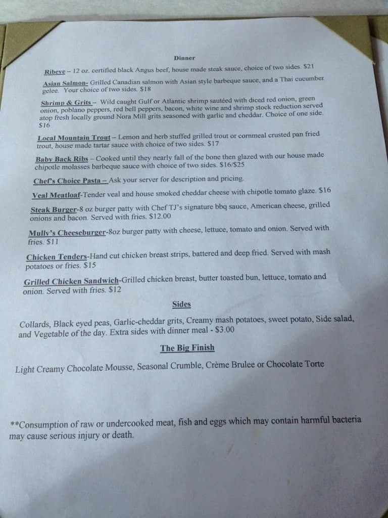 Menu at Mully's Nacoochee Grill pub &amp; bar, Helen