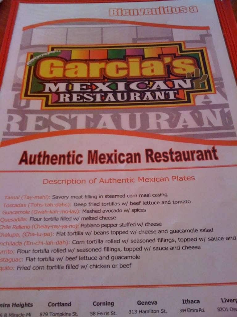 Menu at Garcia's Mexican Restaurant, Elmira