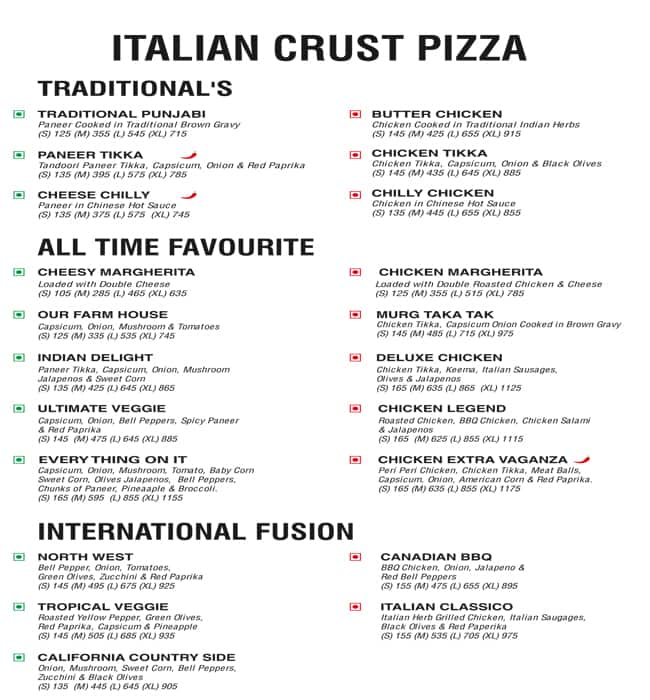 Menu of Pizza Italia, Lawrence Road, Amritsar