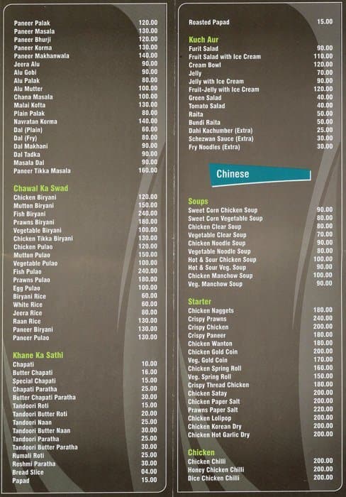Cafe Sagar menu