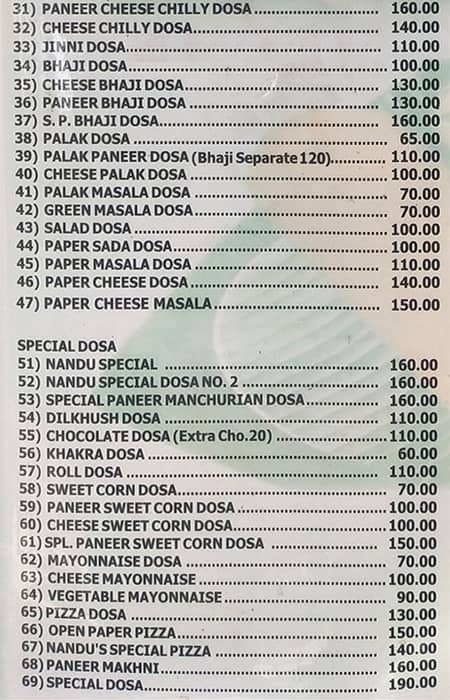 Nandu Dosa and Dinner menu