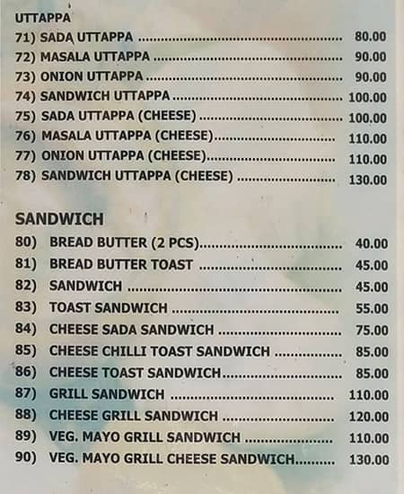 Nandu Dosa and Dinner menu