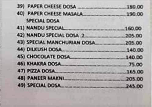 Nandu Dosa and Dinner menu