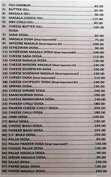 Nandu Dosa and Dinner menu