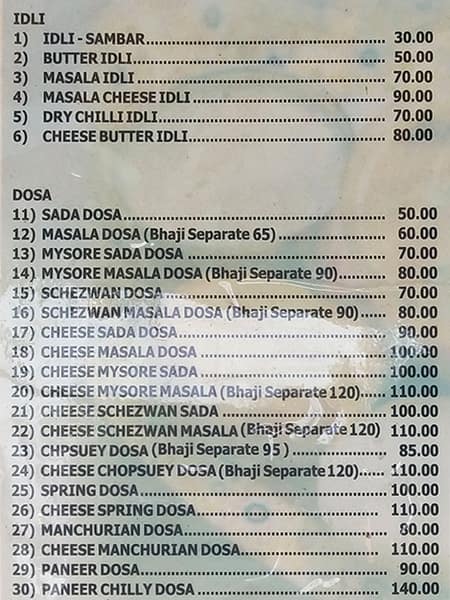 Nandu Dosa and Dinner menu