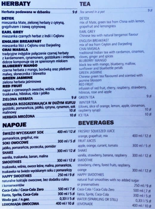 Menu at Cafe Du Monde, Warsaw, al. Jerozolimskie 113/115