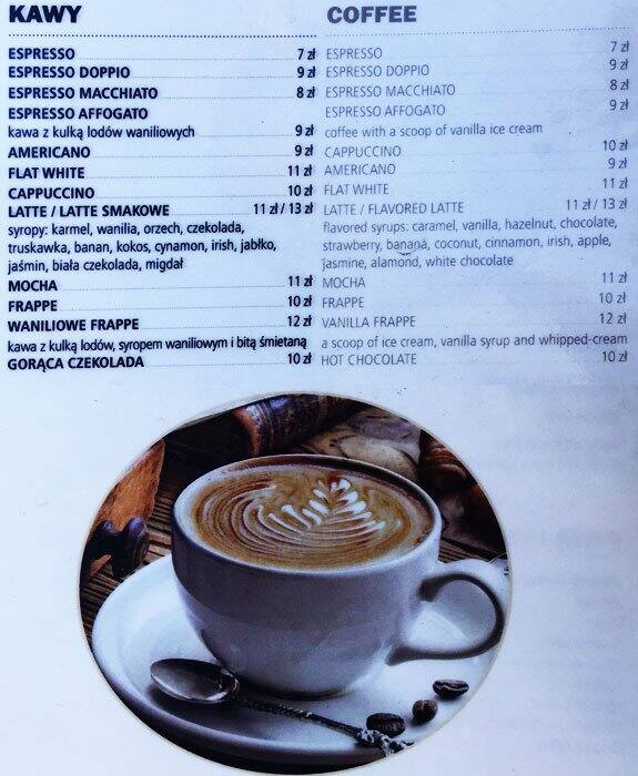 Menu at Cafe Du Monde, Warsaw, al. Jerozolimskie 113/115