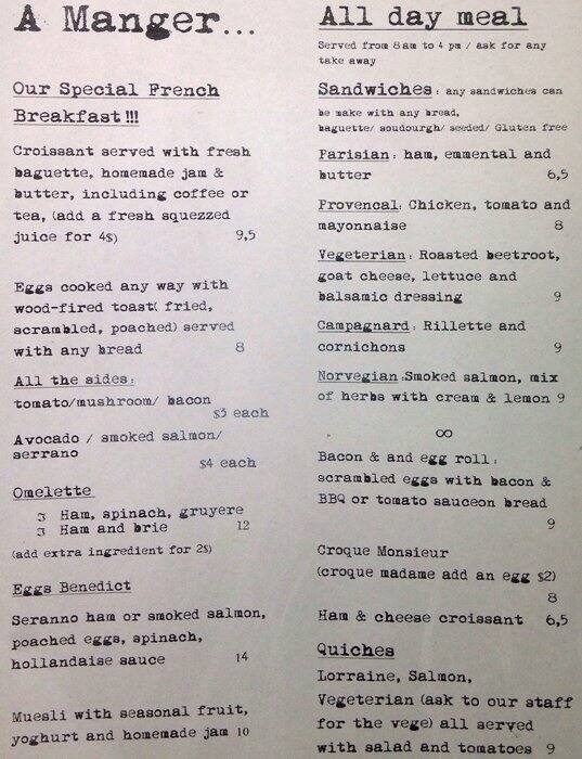 Douce France Menu, Menu v reštaurácii Douce France, Potts Point, Sydney