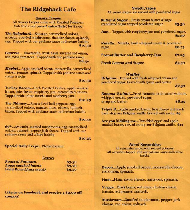 The Ridgeback Cafe Menu, Menu for The Ridgeback Cafe, Greenwood/Phinney