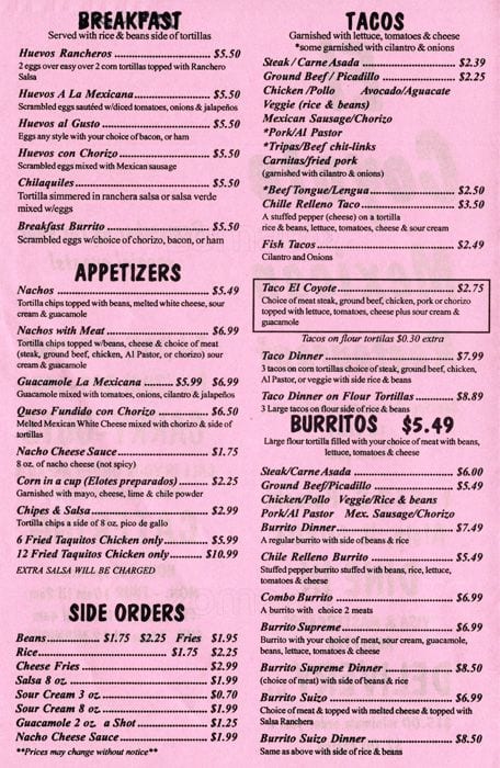 Menu at El Coyote restaurant, Alsip