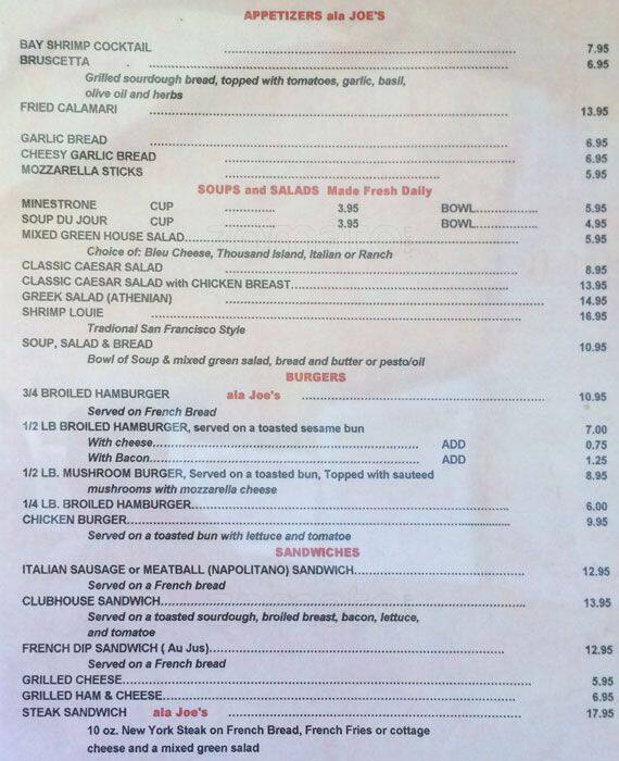 Joe's Menu, Menu for Joe's, Half Moon Bay, Half Moon Bay Urbanspoon