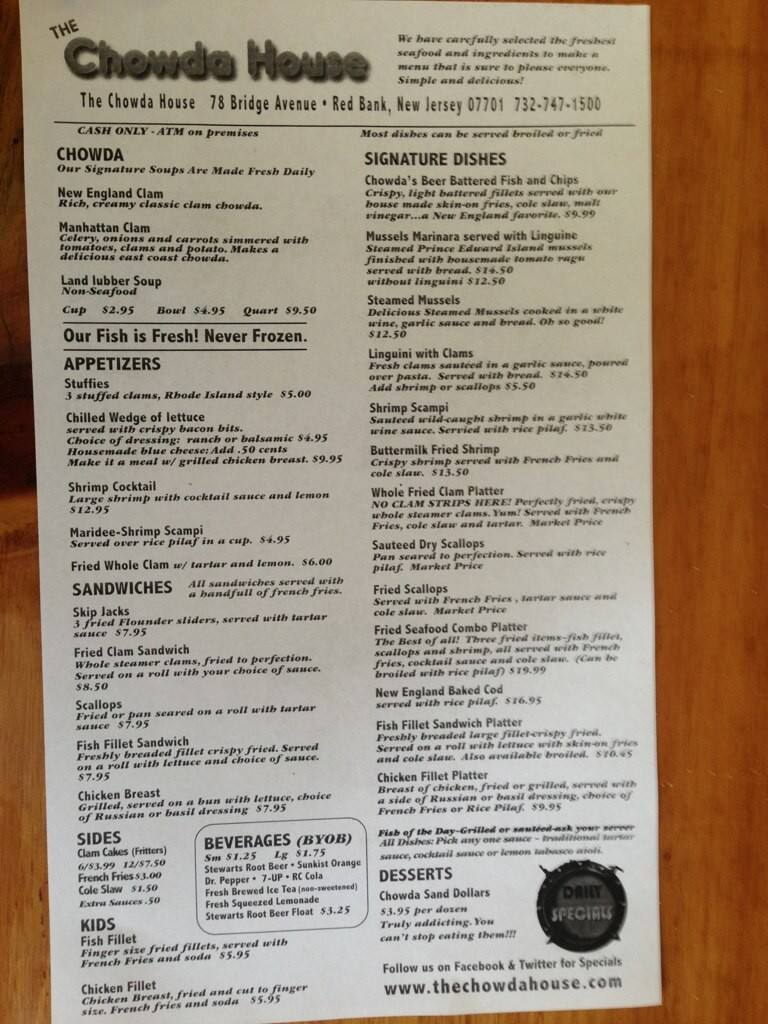 Menu of The Chowda House, Red Bank, Red Bank