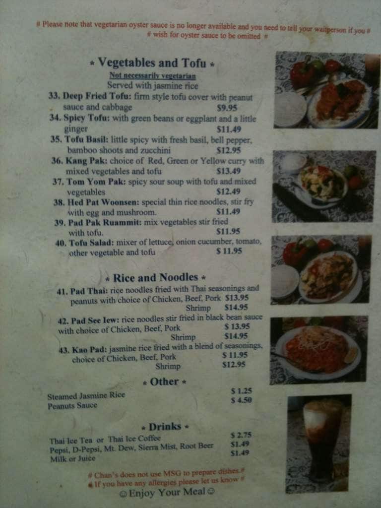 Menu at Chan’s Thai Kitchen restaurant, Juneau