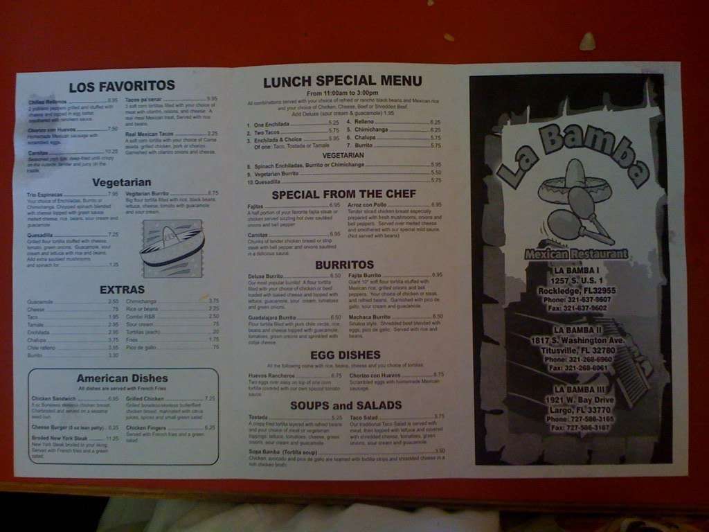 Menu at La Marimba Mexican Restaurant, Titusville