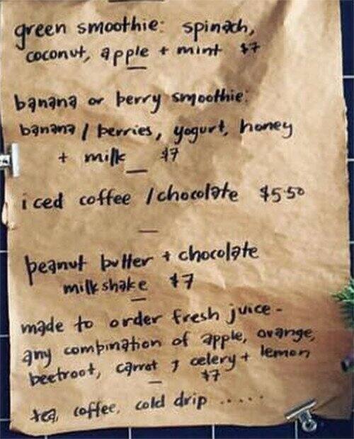 Menu at Trouble and Strife cafe, Goodwood