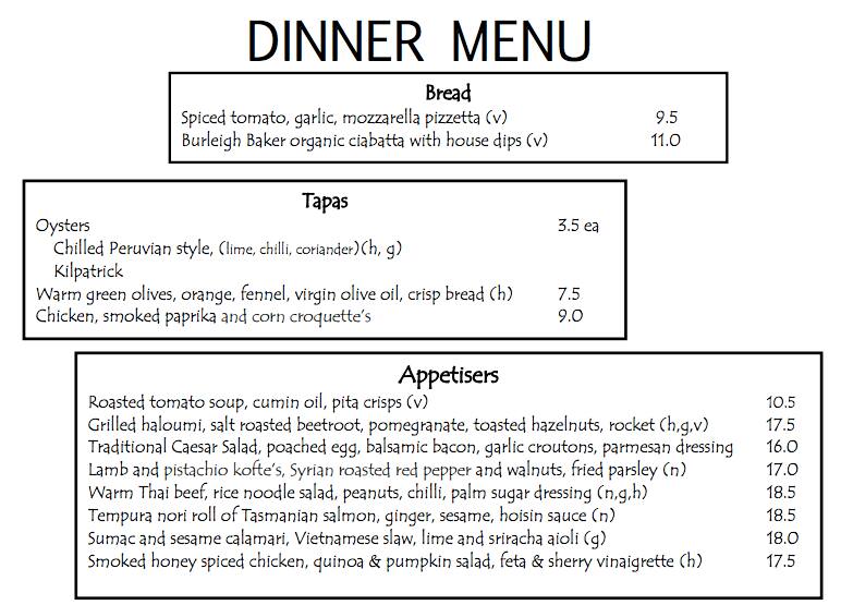 Menu at Mercure Restaurant, Gold Coast