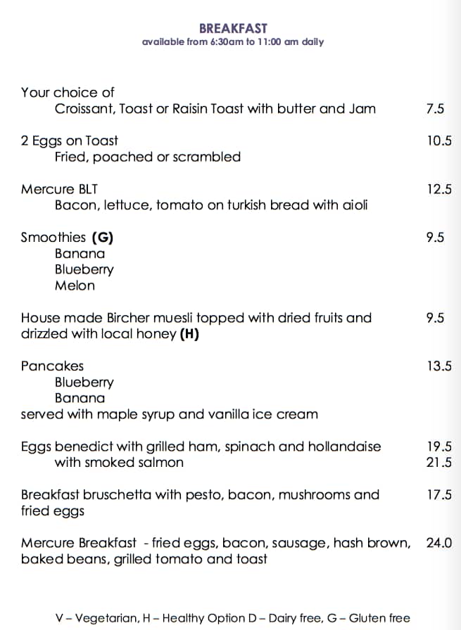 Menu at Mercure Restaurant, Gold Coast