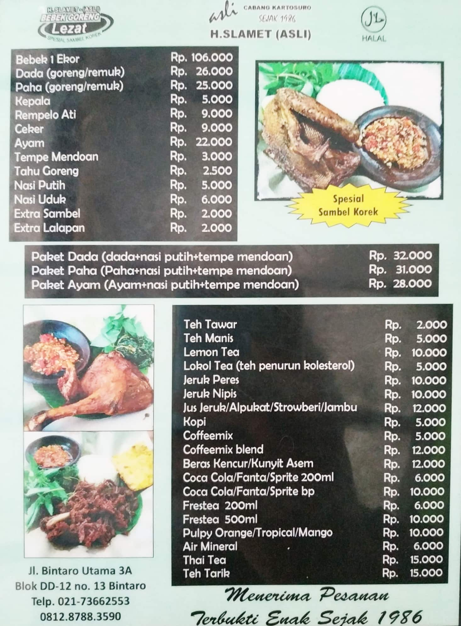 Menu at Bebek Goreng H. Slamet restaurant, South Tangerang, Jalan ...