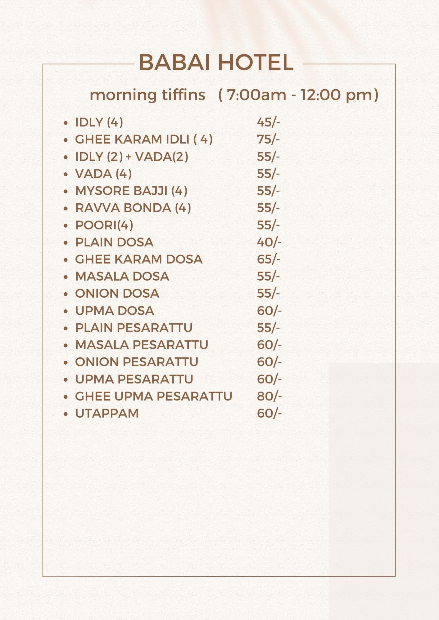 Menu of Babai Hotel, Malkajgiri, Secunderabad