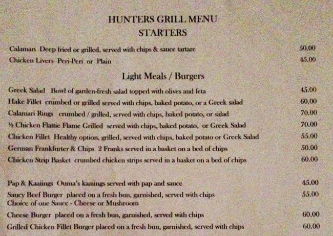 Menu at Hunters Grill Restaurant, Pretoria