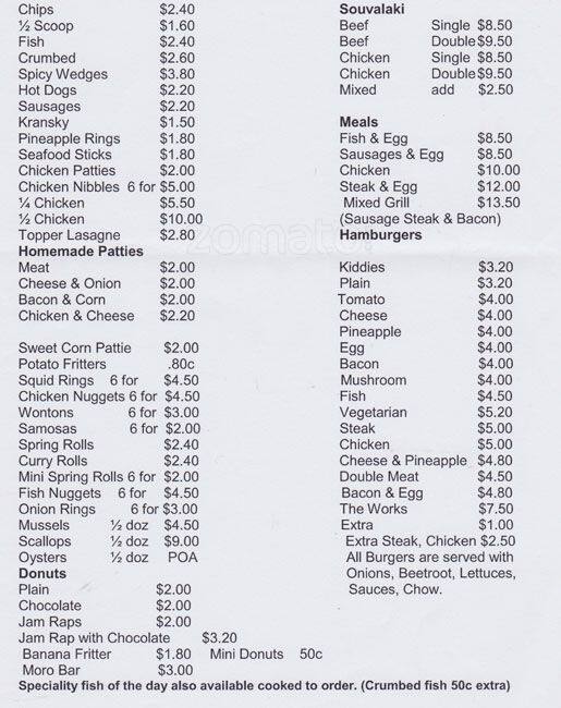 Menu at Ocean Fresh Fish, Christchurch