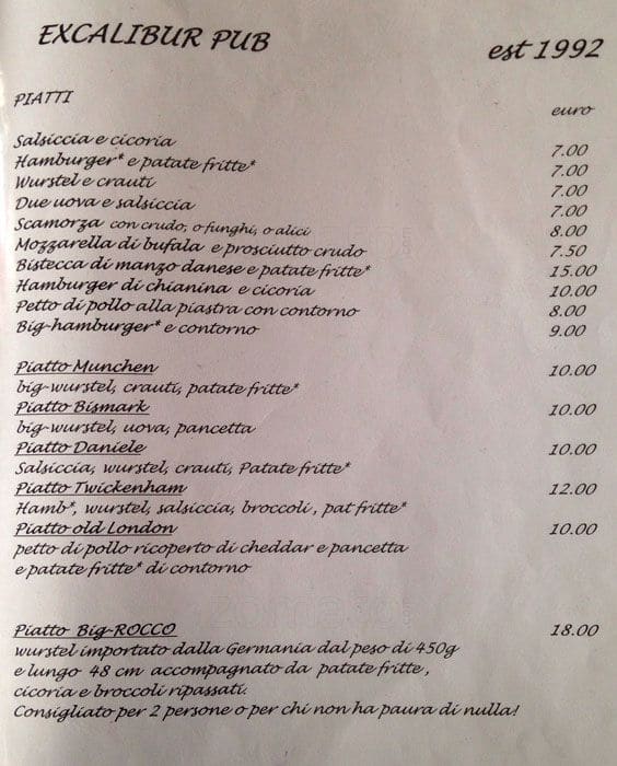 Menu di Excalibur 