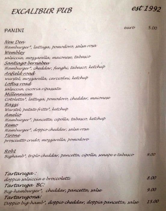 Menu di Excalibur 