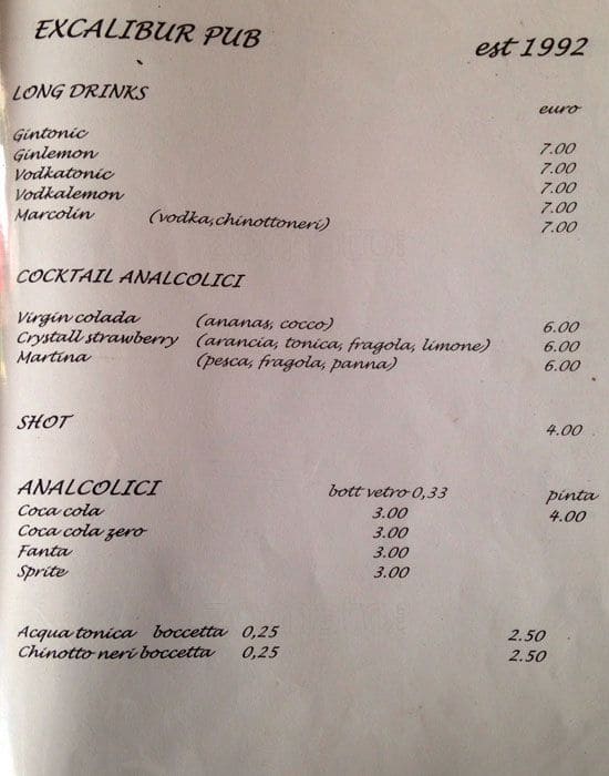 Menu di Excalibur 
