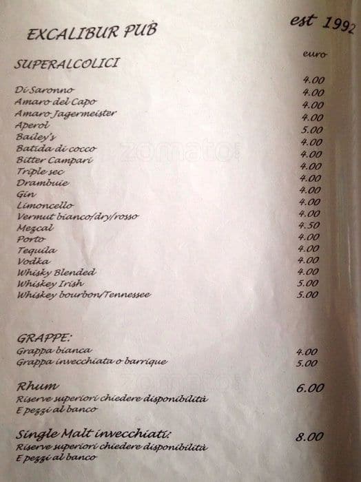 Menu di Excalibur 