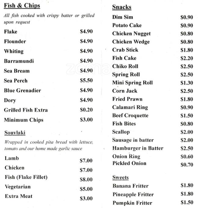 Middle Camberwell Fish & Chips Menu Urbanspoon/Zomato